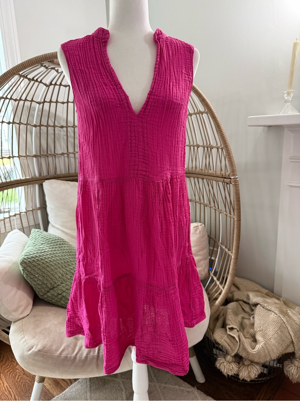 Michael Stars Hot Pink Cotton Gauze Tiered Mini Dress XS Made In USA